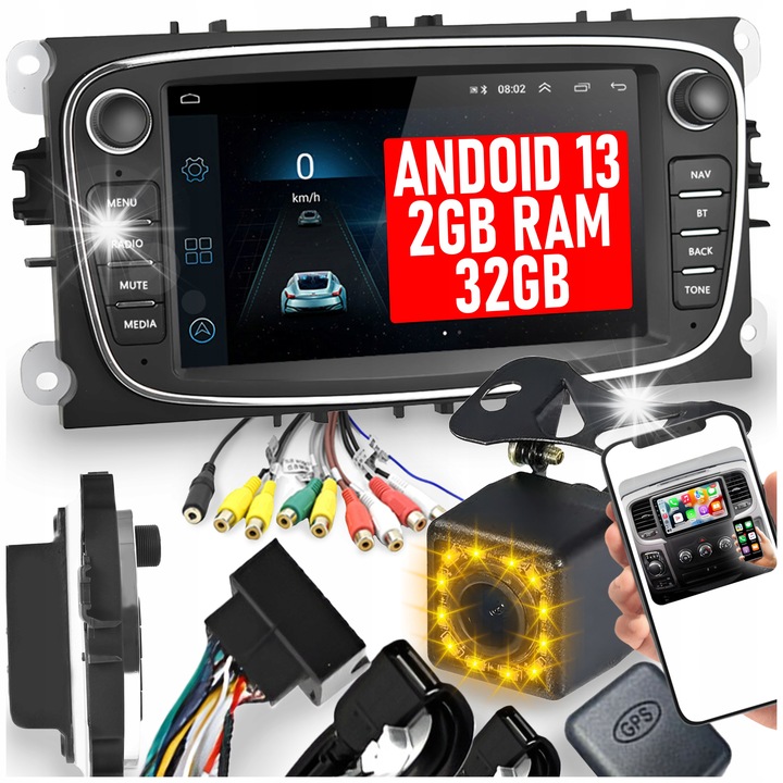 Автомобилно радио Android 13, 2 DIN, 7", 2GB RAM, 32GB ROM, камера за заден ход, за Ford, пълен комплект
