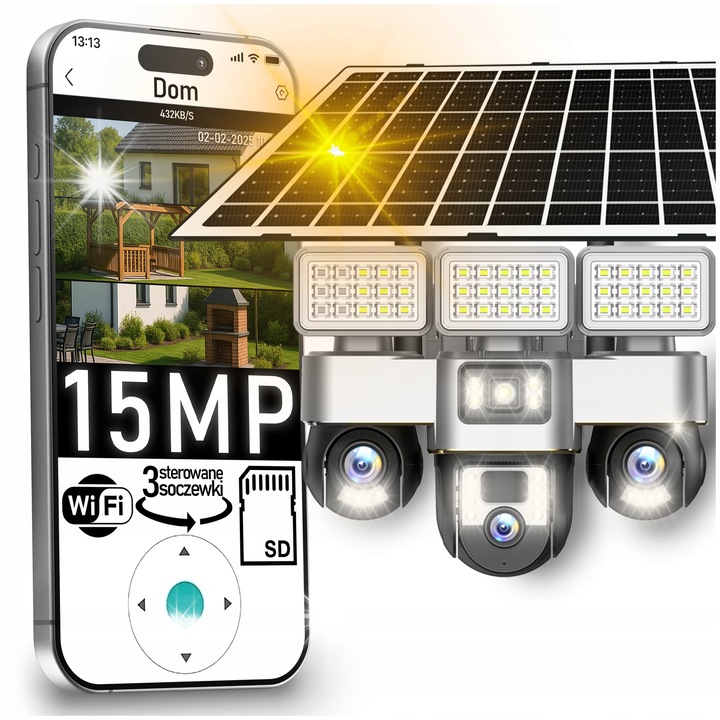 Слънчева камера за наблюдение с 3 въртящи се обектива, WiFi, 15MPx, детекция на движение, IP66