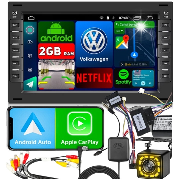 Радио за кола ALLNOEL 2 DIN, 7", 2GB RAM, 64GB ROM, Android 13, камера за заден ход, за Volkswagen