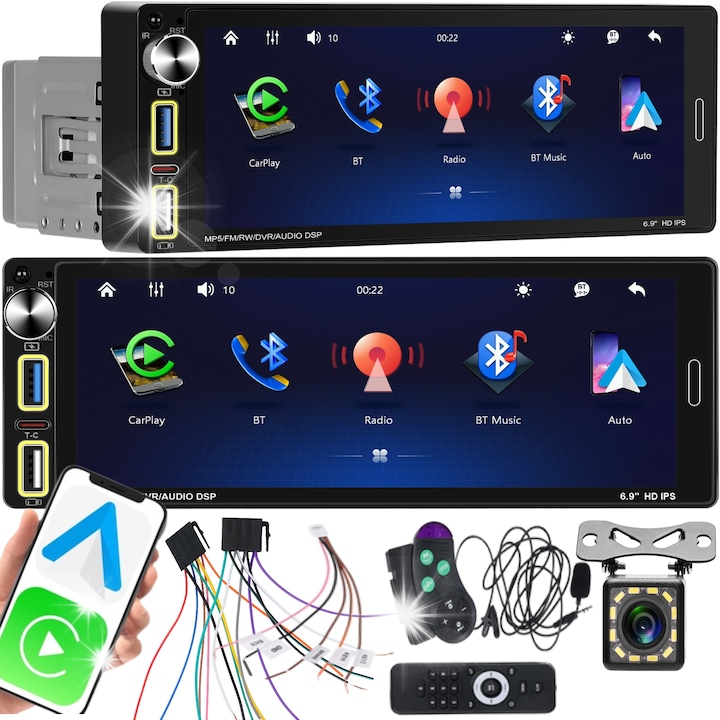 Радио за кола 1 DIN, ALLNOEL, със 6,9'' тъчскрийн, CarPlay, Android Auto, включена камера за задно виждане, многоцветно