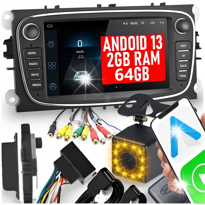 Автомобилно радио ALLNOEL Android 13, 7", 2 DIN, камера за заден ход, 2 GB RAM, 64 GB ROM, пълен комплект
