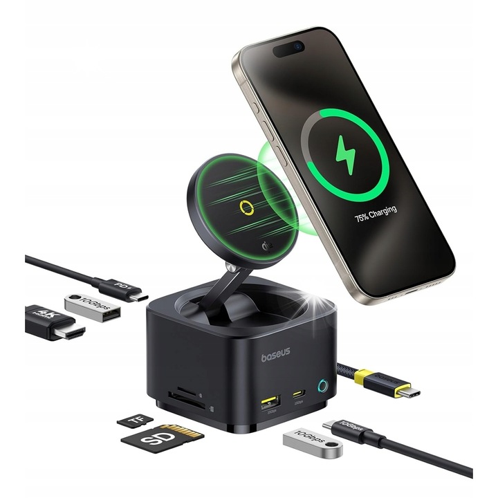 Hub USB-C 7w1 Baseus MagPro Series II, HDMI 4K, 2x USB-A, incarcare wireless 15W, negru, 75x75x58mm