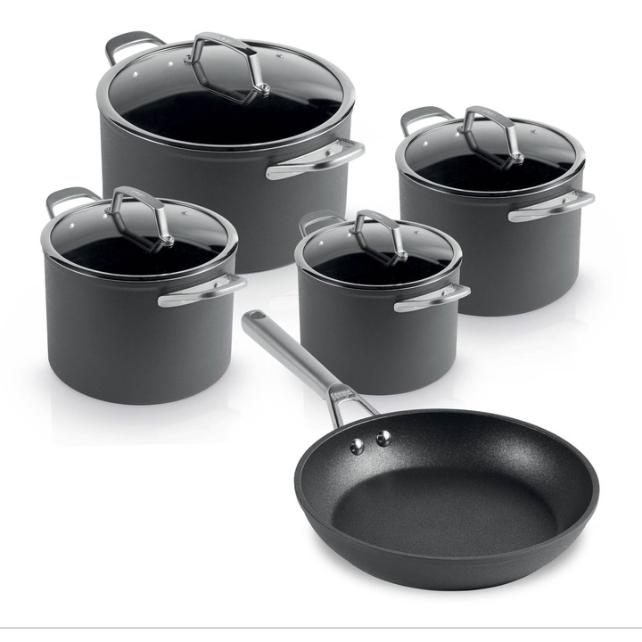 Комплект тенджери и тигани Ninja Zerostick Premium C35005DE, 9 части, Незалепваща технология, До 260C, Индукция, Черен