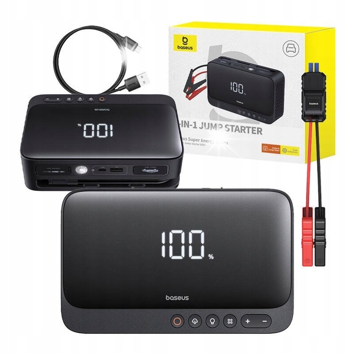Стартер за кола Baseus Super Energy 1500mAh 600A, външна батерия, компресор, черен, 104x165x54mm