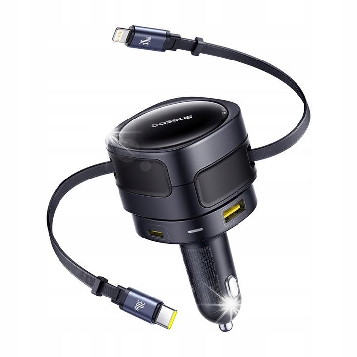 Incarcator auto Baseus 90W QC PD, 2 cabluri integrate USB-C si Lightning, 4 porturi, negru