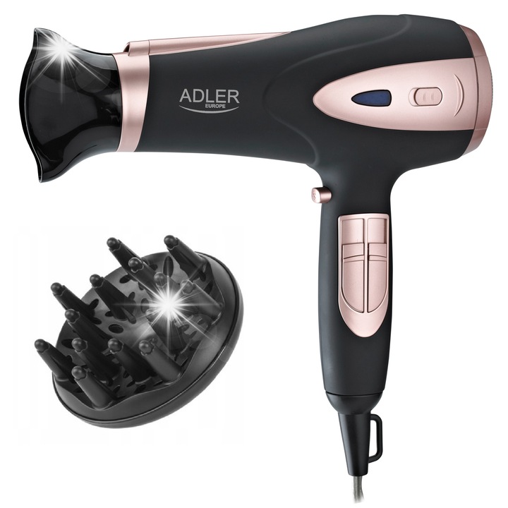 Сешоар Adler, модел AD 2248, 2 степени на мощност, 3 степени на температура, черен, 22,3x9,5x27см, комплект с концентратор и дифузер