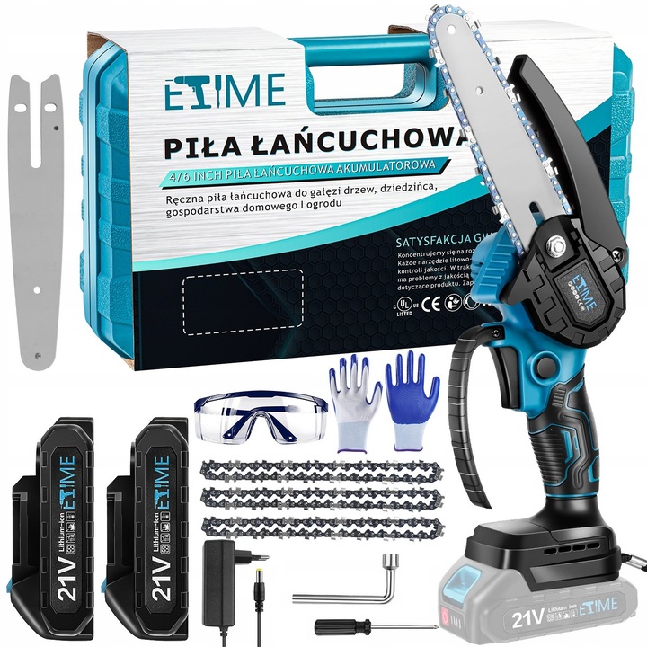 Akkumulátoros láncfűrész 21V, 4 hüvelyk, 2 akkumulátor, 3 lánc, komplett szett, könnyű, praktikus