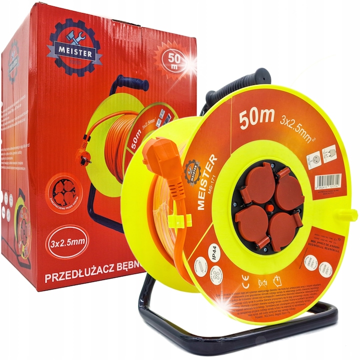 Удължител Zilner, 50м, 3x2.5мм, 4 контакта 230V, черен