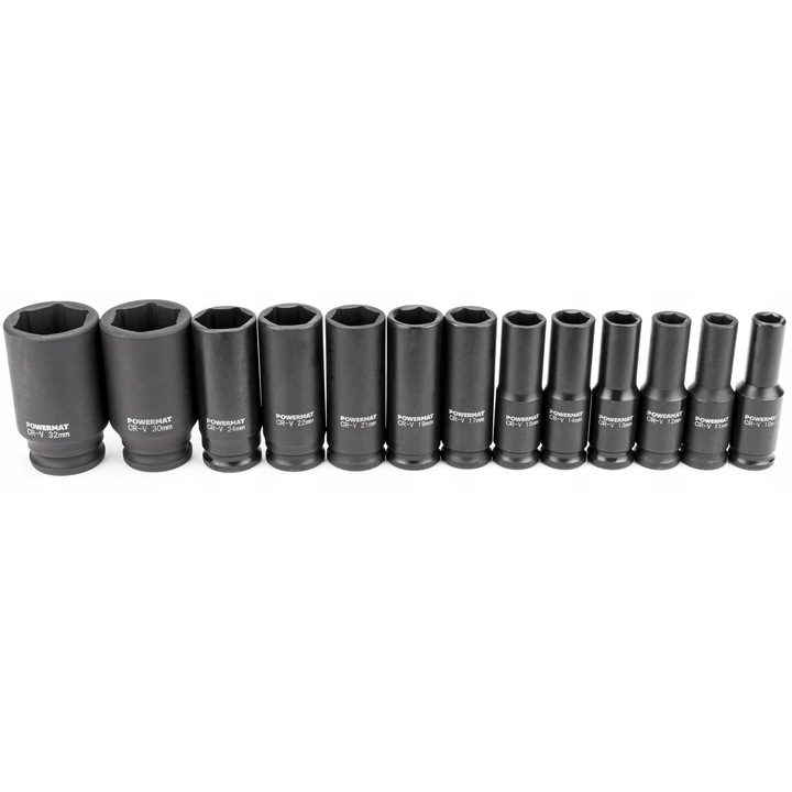 Set 13 chei tubulare impact, Powermat, 10-32mm, 1/2", hexagonale