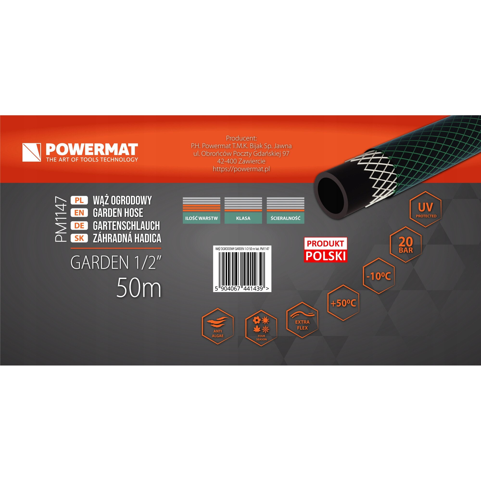 Furtun gradinarit 1/2" 50m 3-straturi rezistent la UV, Powermat - eMAG.ro