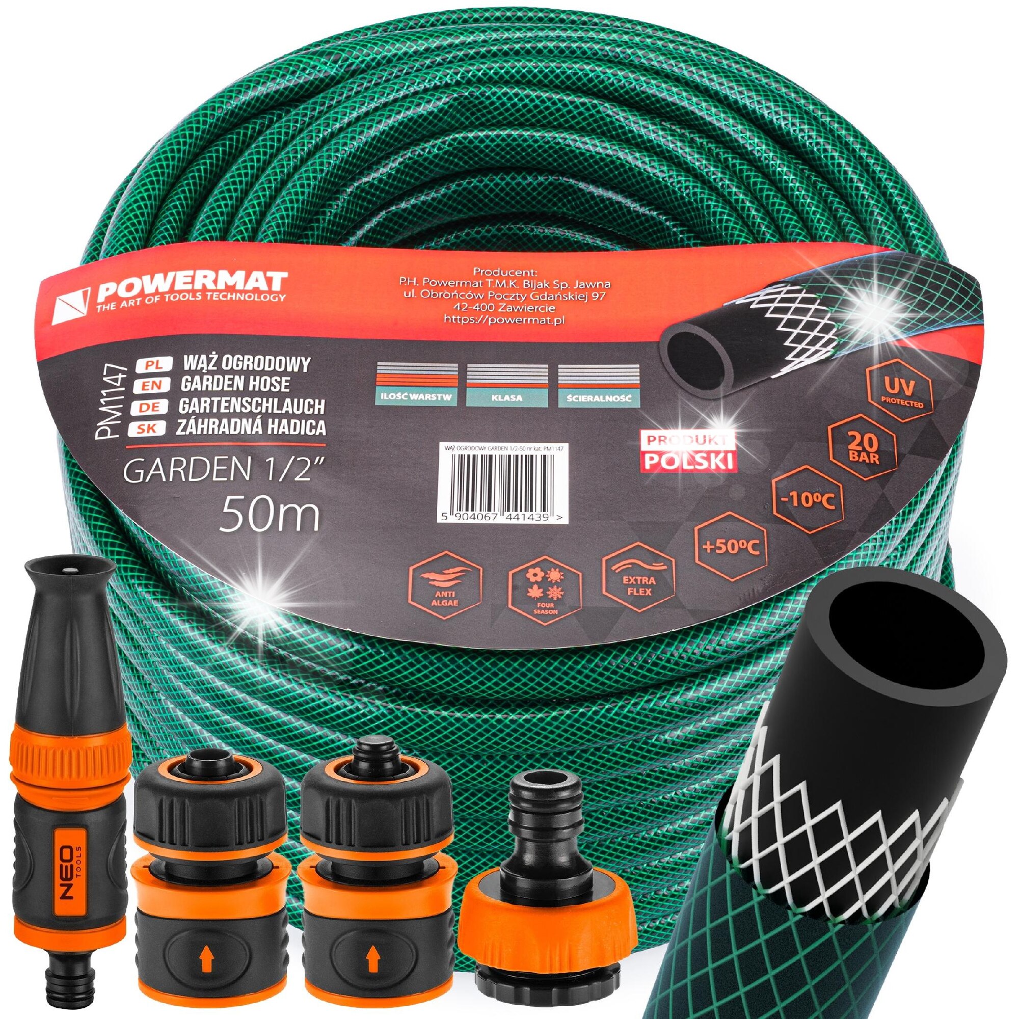 Furtun gradinarit 1/2" 50m 3-straturi rezistent la UV, Powermat - eMAG.ro