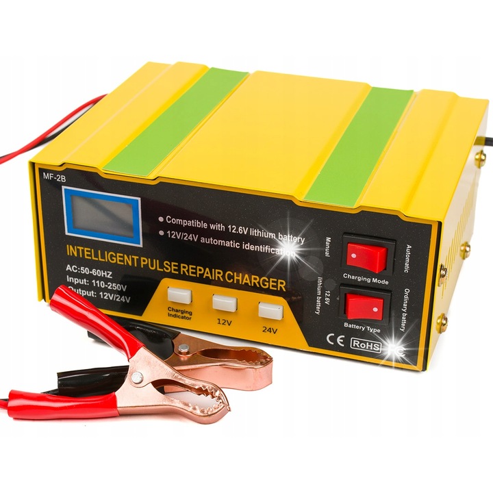 Sevic F250 autóakkumulátor töltő 12V 24V, regeneráló funkció, LCD kijelző, 180W