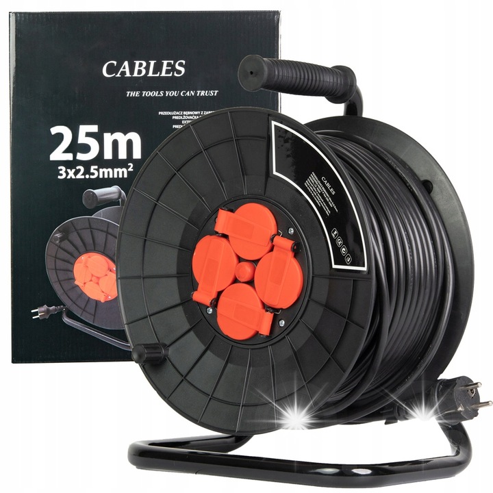 Удължител на макара RANGERS 25м, 4 контакта 230V, кабел 3x2,5мм, черен, IP44