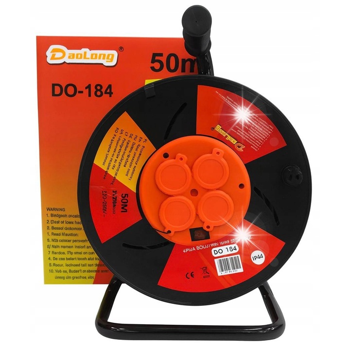 Удължител на макара 50м, 4 контакта, кабел 3x2,5мм, черен