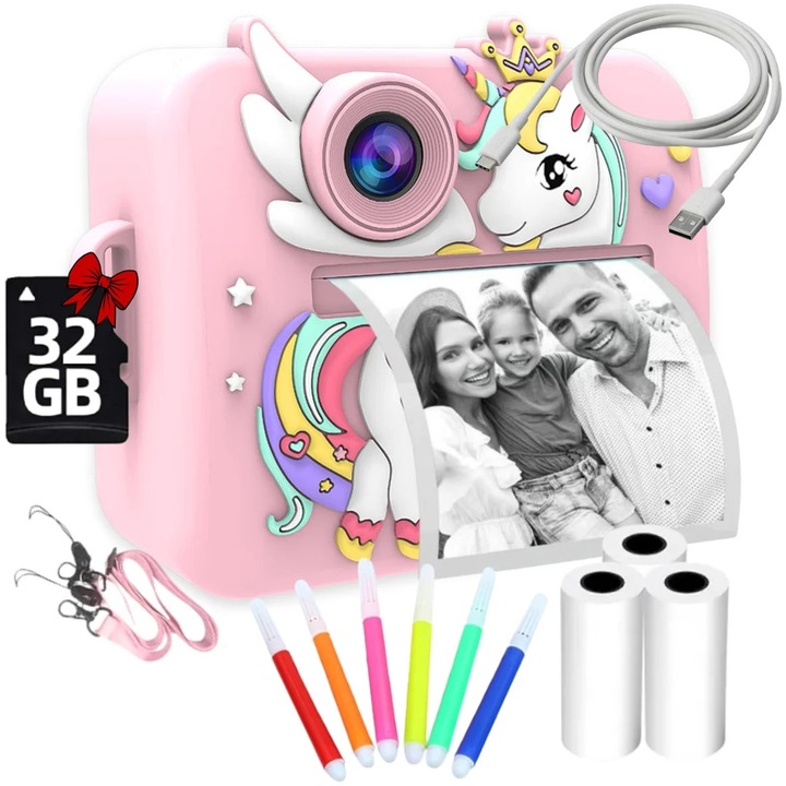 Aparat foto pentru copii SMARTIC, rezolutie HD 1080p, baterie 1100mAh, ecran 2.4 inch, card memorie 32 GB, functie de printare instant, 4 jocuri, 4 role pentru printare, MP3, mod selfie, 6 carioci