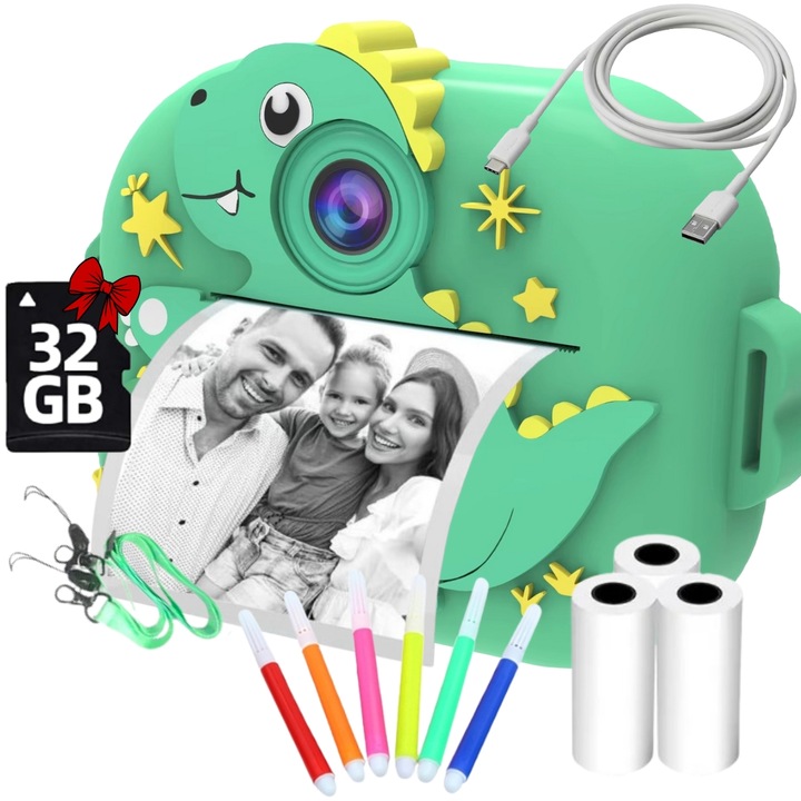 Aparat foto pentru copii SMARTIC, rezolutie HD 1080p, baterie 1100mAh, ecran 2.4 inch, card memorie 32 GB, functie de printare instant, 4 jocuri, 4 role pentru printare, MP3, mod selfie, 6 carioci