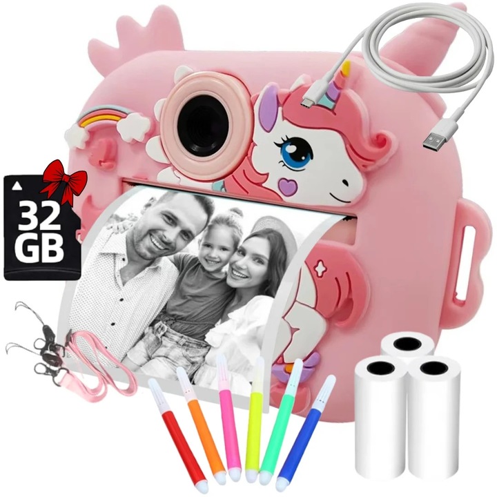 Aparat foto pentru copii SMARTIC, rezolutie HD 1080p, baterie 1100mAh, ecran 2.4 inch, card memorie 32 GB, functie de printare instant, 4 jocuri, 4 role pentru printare, MP3, mod selfie, 6 carioci