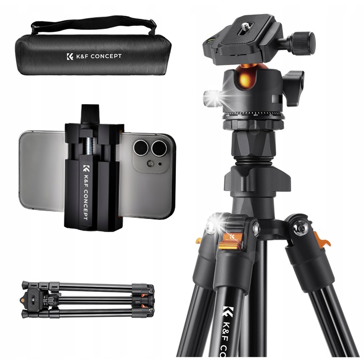 Фотографски статив с държач за телефон K&F Concept, 163 см, 8 кг, 1,15 кг, с чанта за носене