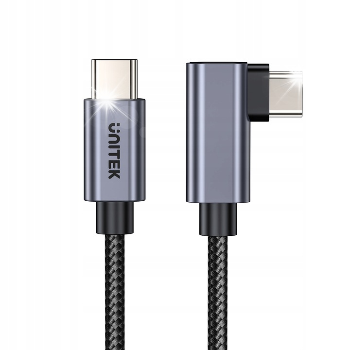 Кабел USB-C Unitek 90°, 5м, 100W, трансфер на данни 480 Mbps, найлон, съвместим с iPhone 15