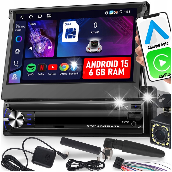 ALLNOEL 1DIN 7'' Carplay Android autórádió, WiFi, RDS, visszahúzható képernyő, 4G LTE