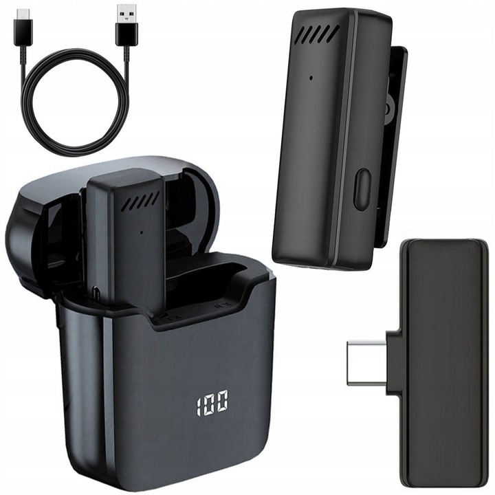 Vezeték nélküli Lavalier mikrofon USB-C vevővel, komplett készlet, zajcsökkentés, 20m, Mini