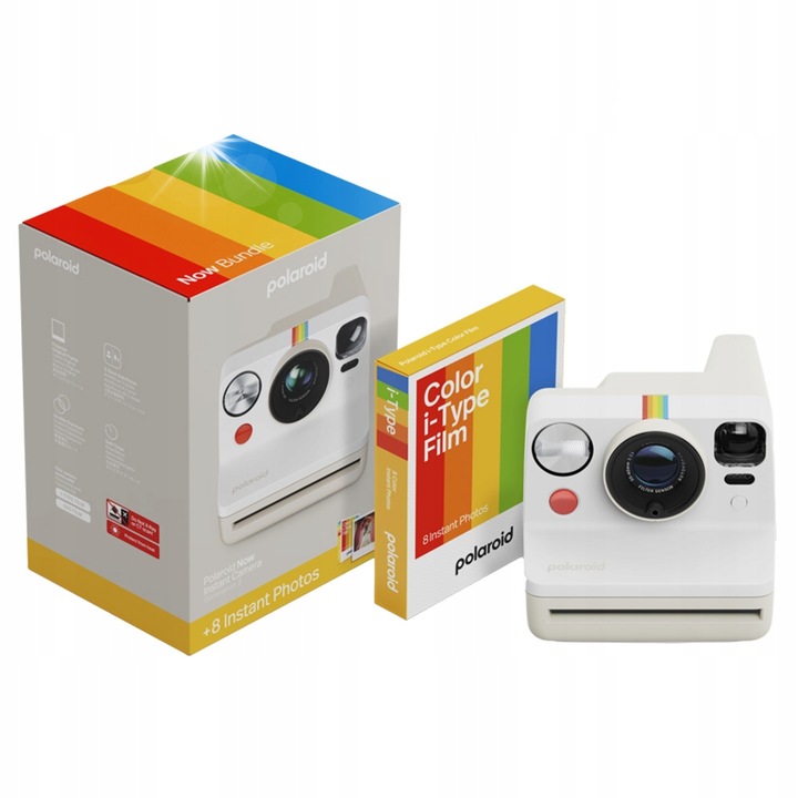 Моментален фотоапарат Polaroid Now Gen 3, автофокус, двоен режим на експозиция, бял, 15.02x11.22x9.6см, комплект с 8 цветни филма