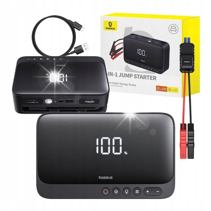 Стартер за кола Baseus Super Energy 1500mAh 600A, външна батерия, компресор 150psi, черен, 104x165x54mm