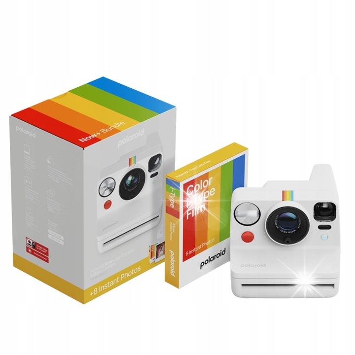 Моментален фотоапарат Polaroid Now+ Gen 3, бял, комплект с 8 цветни филма, 15.02x11.22x9.6см
