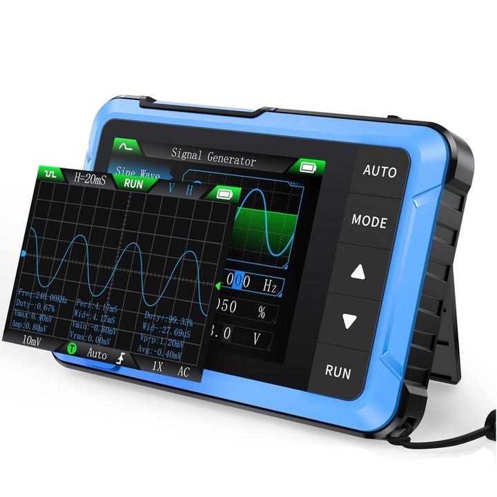 FNIRSI DSO510 hordozható digitális oszcilloszkóp jelgenerátorral, 10 MHz, 48 MS/s, 2,8", 1000 mAh akkumulátor