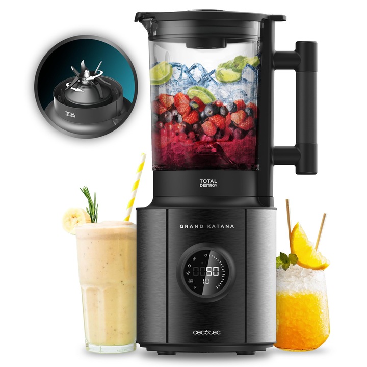 Пасатор Cecotec Grand Katana 2700MAX Total Destroy Screen B. Максимална мощност 2700W, цифров дисплей, нож с 8 остриета с черно титаниево покритие, стъклена кана 1.8L