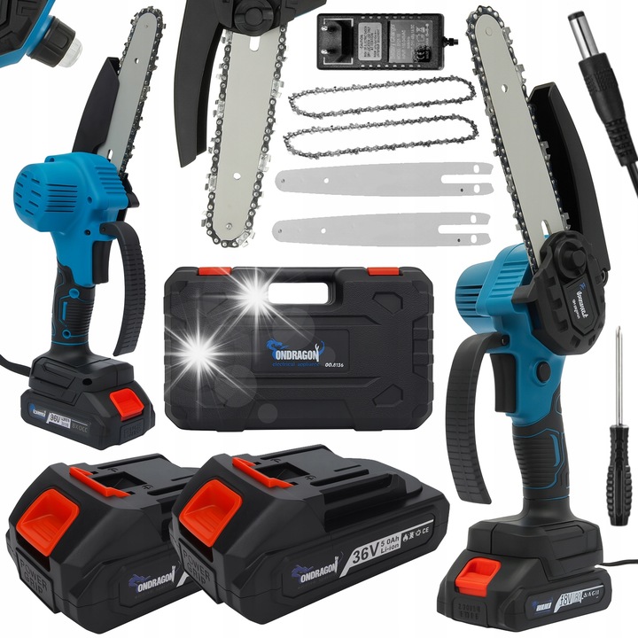 Ondragon 6" elektromos láncfűrész, 2 db 36V, 5000 mAh akkumulátorral, kenőrendszerrel