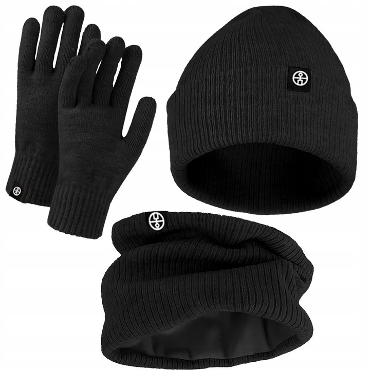 Téli szett, Mobes, sapka, sál és kesztyű, fekete, méretek: 25x20cm, 22x20cm, 22x12cm