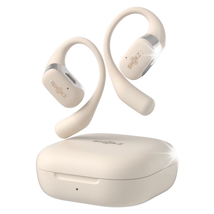 Shokz OpenFit vezeték nélküli fülhallgató, bézs, 28 óra üzemidő, IP54 vízálló, töltőtokkal