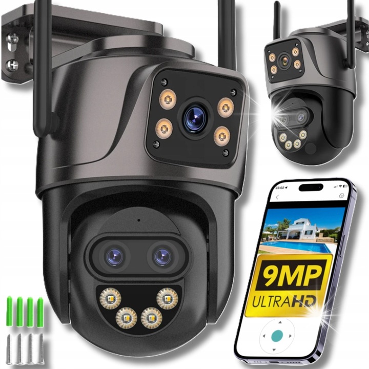 4K въртяща се WiFi камера за наблюдение с 3 обектива, 8x увеличение, детекция на движение, комплект