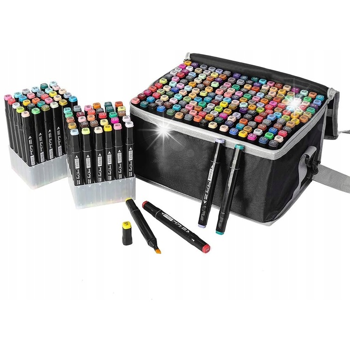 Комплект алкохолни маркери MatMay 100 цвята, с два върха, калъф с органайзер, 3-6мм/1-2мм