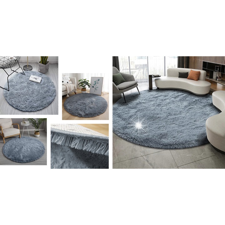 Кръгъл килим Shaggy, Strado, 160 см, сив, противоплъзгащ, мек