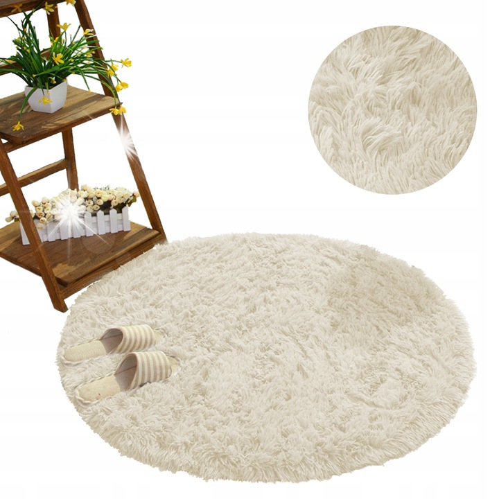 Кръгъл килим Shaggy 160 см Кремаво-бежов, неплъзгащ се, мек, комплект
