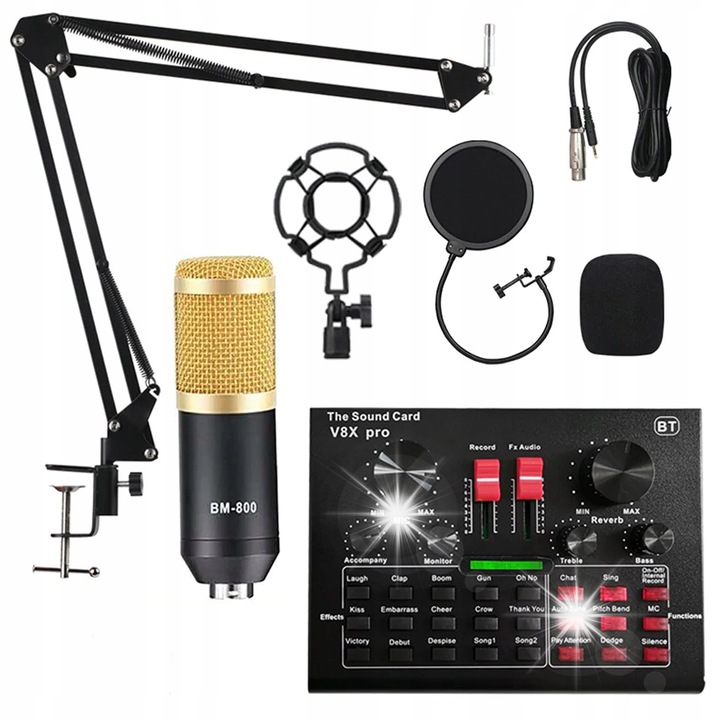 BM800 Pro stúdiómikrofon V8X PRO Bluetooth keverővel, komplett szett, fekete, 2.5m