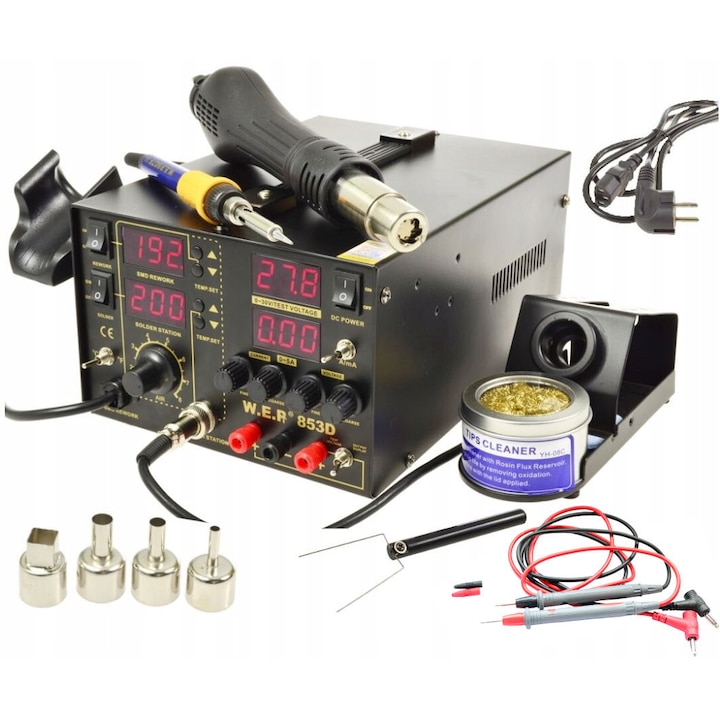 Станция за запояване 3в1 WEP 853D5A, горещ въздух и поялник, 100-480°C, 230V, 185x175x25mm, пълен комплект