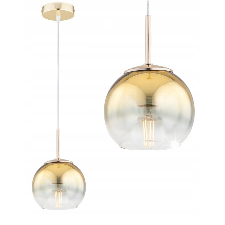 Висяща лампа Astra, метална, златна, 20-90x10см, със стъклен абажур, E27