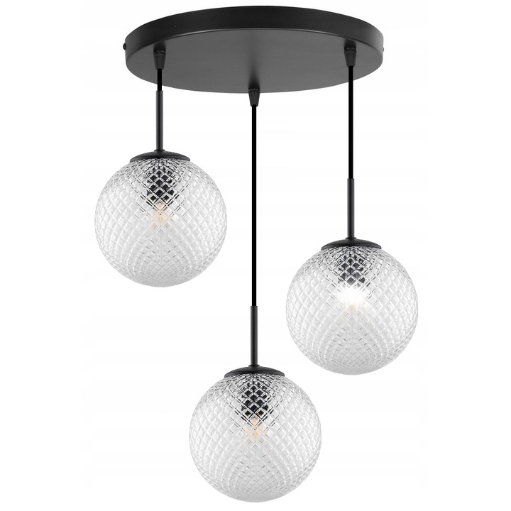 Висяща лампа Stella, черен метал, прозрачен стъклен абажур, размери 20-90x30см