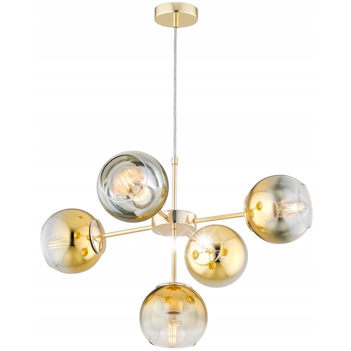 Висяща лампа Astra, метална, златна, 40-110x60см, със стъклен абажур, E27