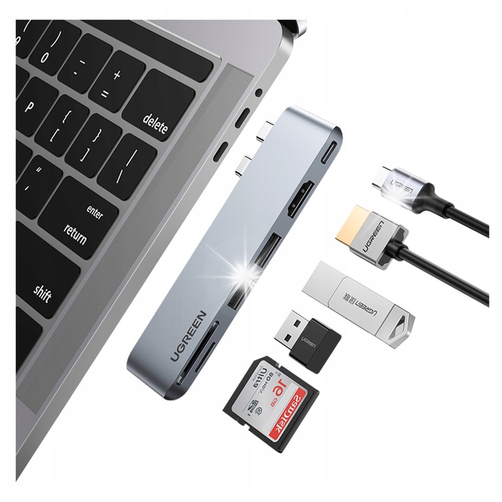 Хъб Ugreen CM380 6 в 1 USB-C, 2x USB 3.0, HDMI, четец за SD/TF, за Macbook Air/Pro, компактен