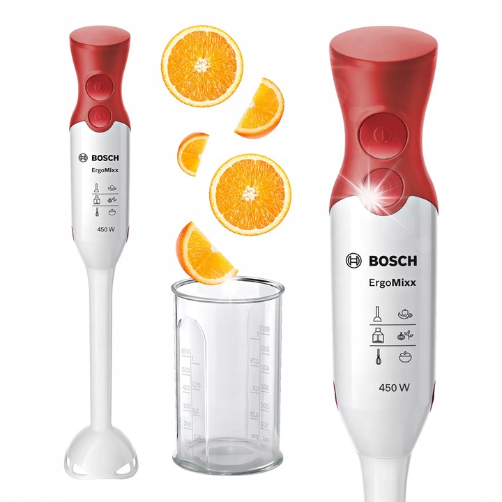Пасатор Bosch MSM 64010, 450 W, бял-червен, с функция Турбо, комплект с купа за миксиране