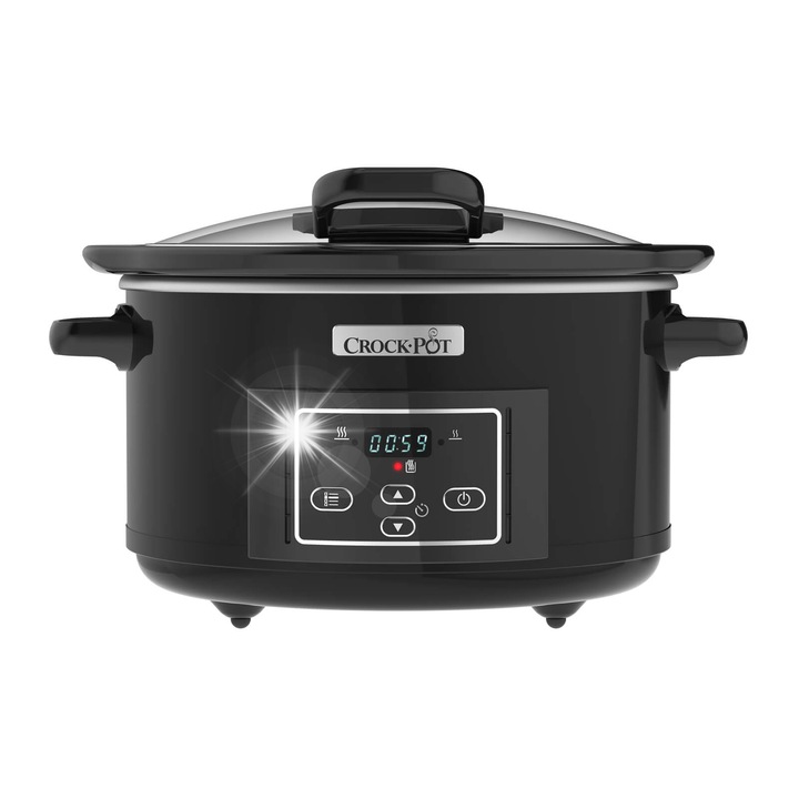 Multicooker Crock-Pot 4,7L, 5 portii, 2 niveluri de putere, negru, cu capac rabatabil