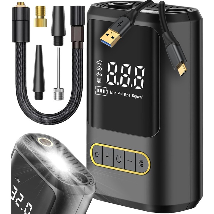 LTC hordozható elektromos pumpa, vezeték nélküli kompresszor, 4000 mAh akkumulátor, LCD kijelző, powerbank funkció, max. 150 PSI (10.3 BAR), fekete, 1 db.