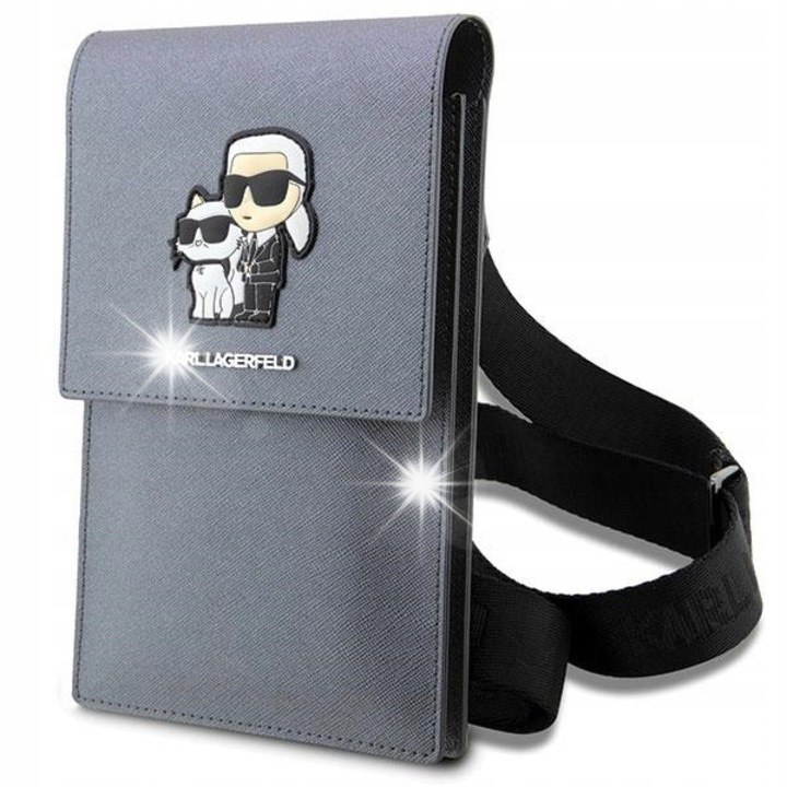 Karl Lagerfeld Saffiano NFT okostelefon táska, ezüst, 18,5x11,5x2cm, 3 kártyatartó rekesszel, levehető szíjjal