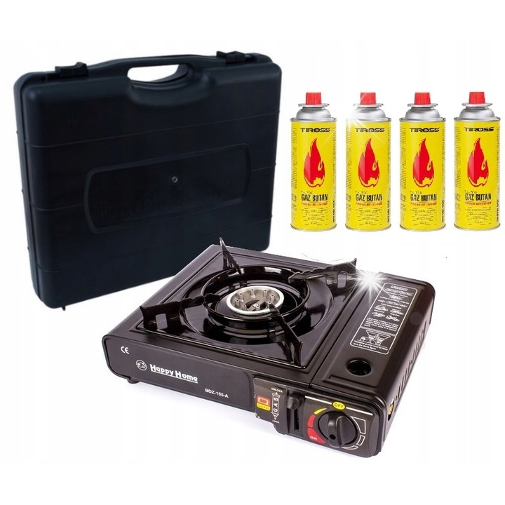 Aragaz camping pe gaz, Happy Home BDZ-155-A, 2500W, 4x gaz 400ml, 34x27x11cm, szett táskával