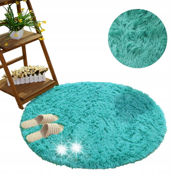 Кръгъл килим Shaggy 200 см, тюркоаз, противоплъзгащ, 3,5 см дебелина, комплект