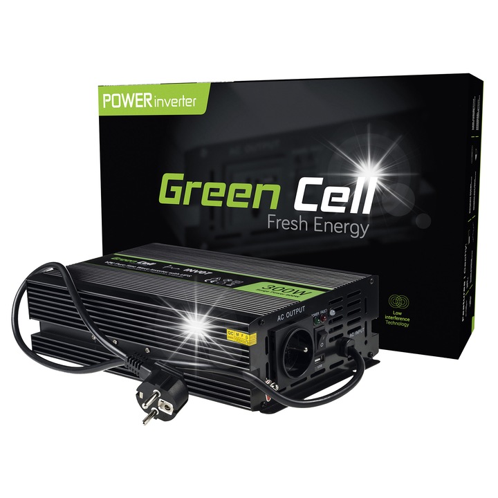 Инвертор за кола Green Cell 300W/600W 12V, USB, размери 290x180x77mm